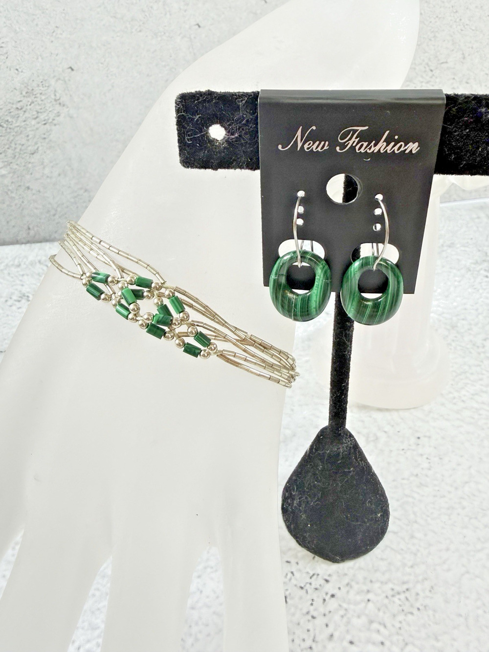 Vintage .925 Sterling Lquid Silver Green Beaded Braccelet and Earrings